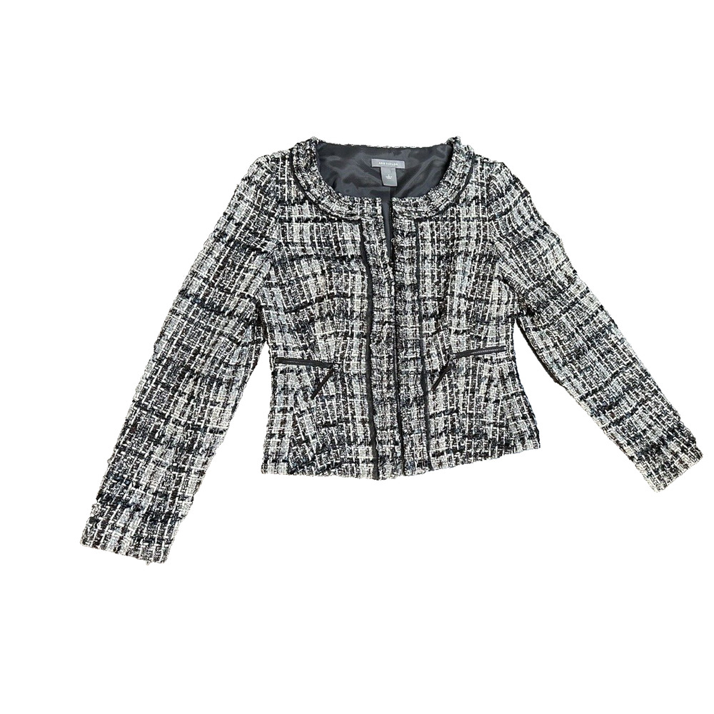 Ann Taylor Tweed Jacket Ladylike Brown Blue Retro Glam sz 2 Collarless Cropped - Picture 2 of 7